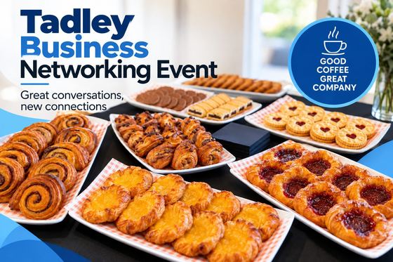 The Tadley Business Networking event graphic with pastries and the words good coffee, great company